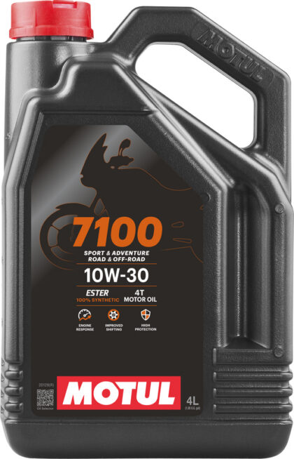 Motul 7100 10W30 4L synthetische motorolie, losse verpakking van 4 liter.