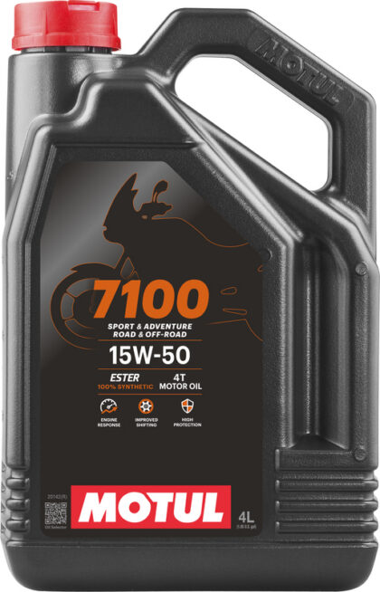 Motul 7100 15W50 4L synthetische motorolie, losse verpakking van 4 liter.