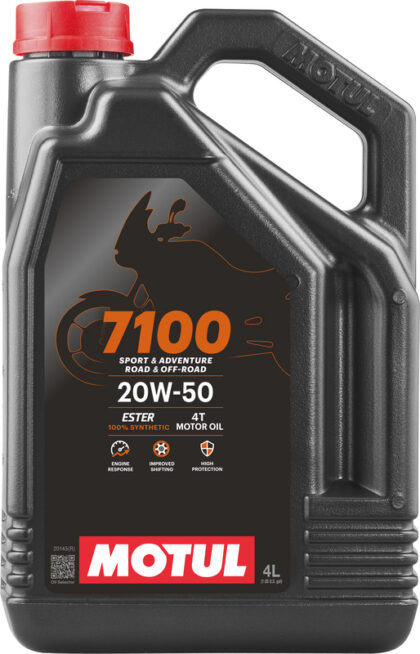 Motul 7100 20W50 4L synthetische motorolie, losse verpakking van 4 liter.